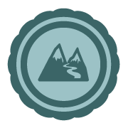 teal icon with mountains